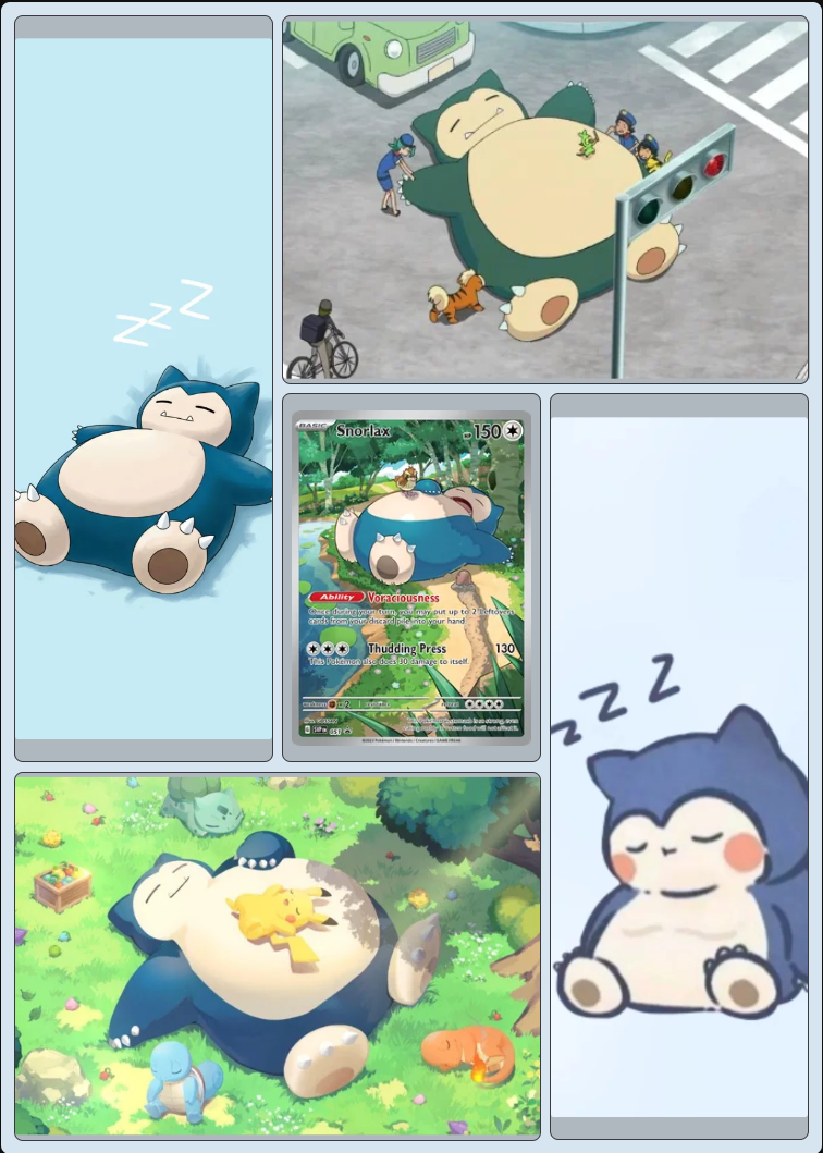Snorlax themed single-page binder with merged slots and split images
